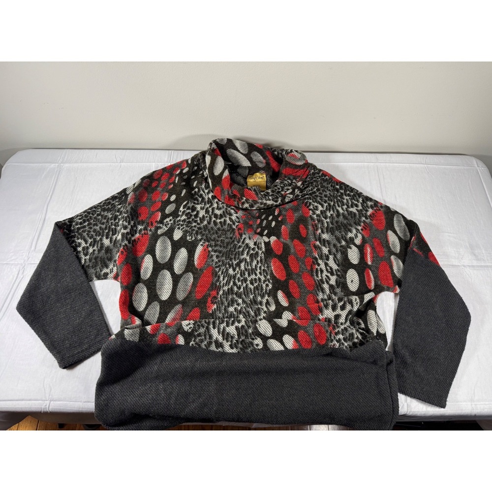 Midnight Velvet XL Mixed Print Cowl Neck Sweater Red Black Leopard Polka Dot